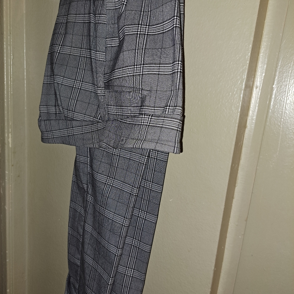 Black and white plaid work stretch trouser pants